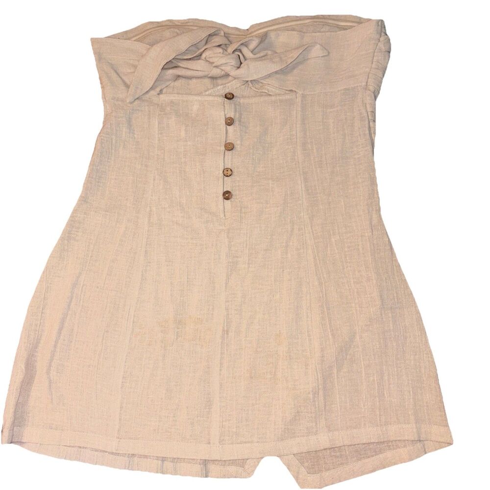 Women’s Free People Khaki Linen Strapless Faux Wrap Mini Dress Back Tie Size S